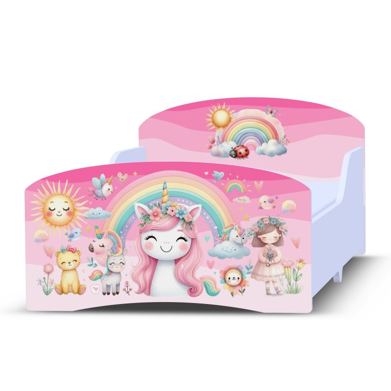 PINK RAINBOW UNICORNS Girls Toddler Bed + Mattress